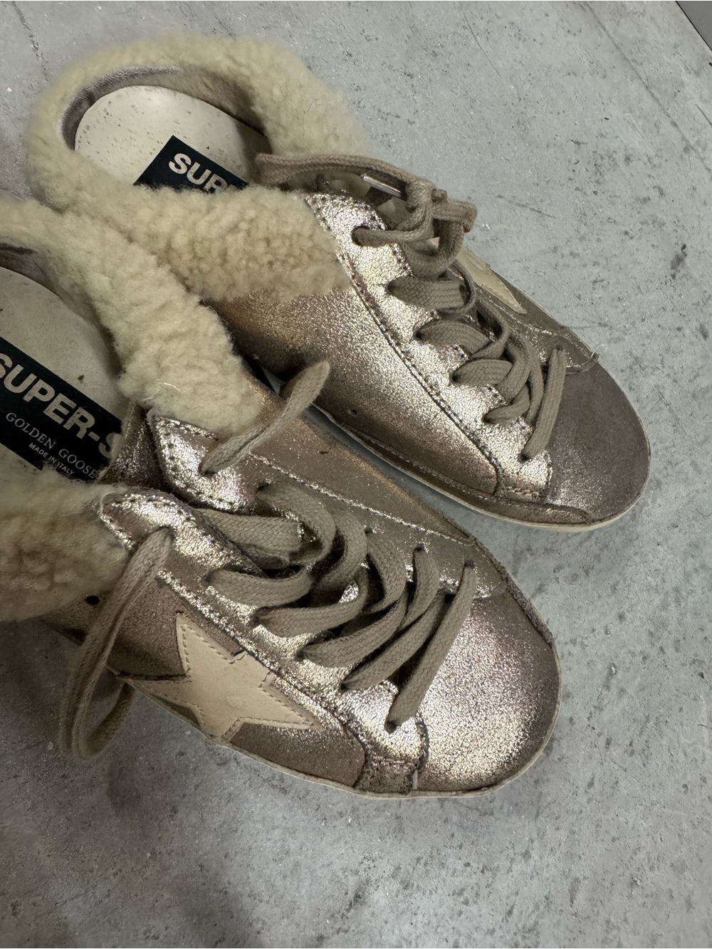 Golden Goose Metallic Champagne Shearling-Trim Low Top Sneakers - Picture 6 of 7